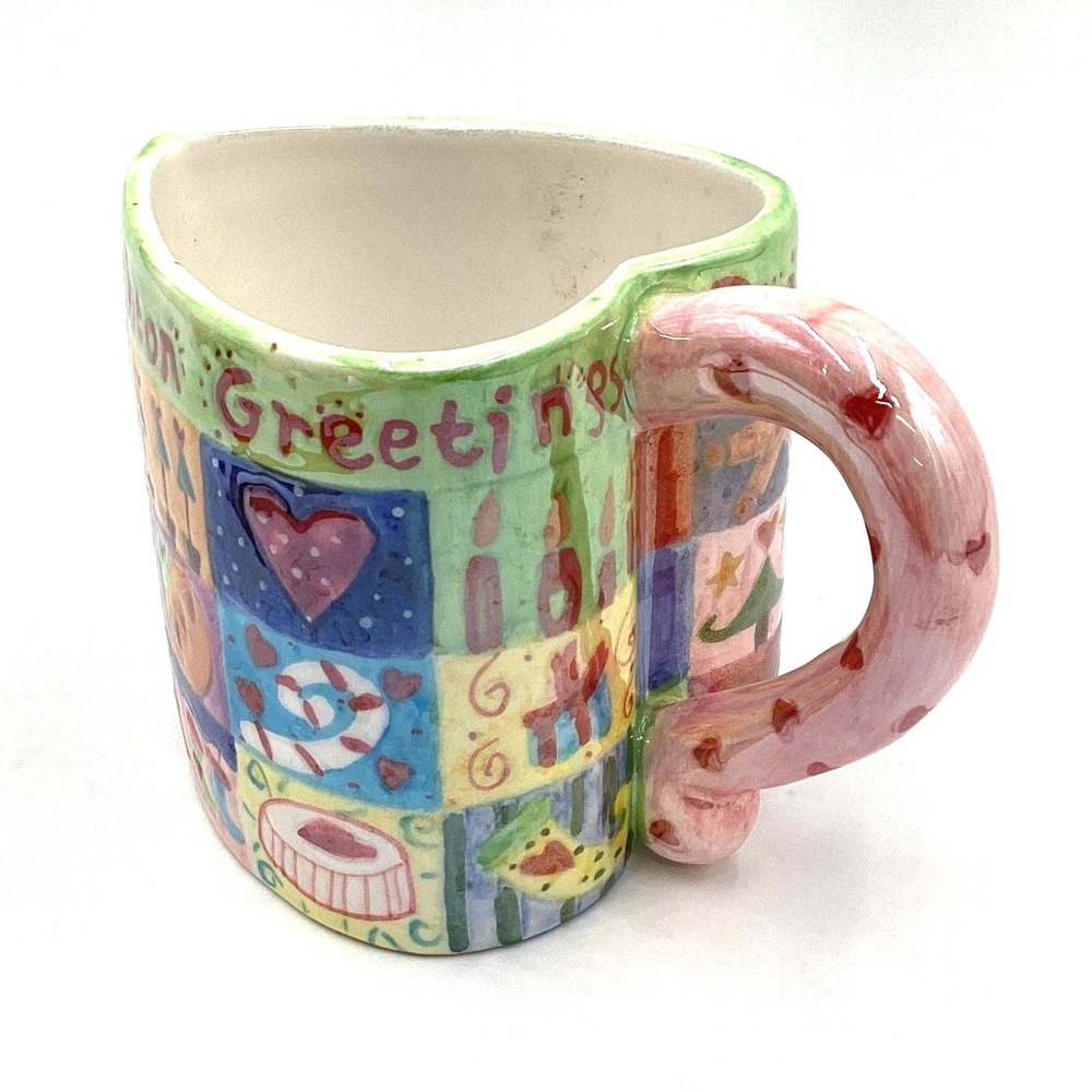 Brighton Seasons Greetings Heart Shaped Coffee Mug Holiday Folk Art Ceramic Cup